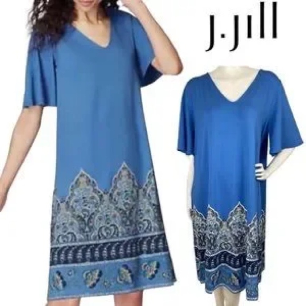 J. Jill Wearever Collection Blue Paisley Shift Mini Dress Flutter Sleeves Sz L